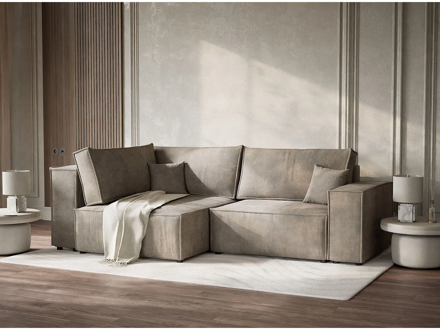 Canapé d'angle gauche avec fonction lit en tissu chenille taupe TONGA