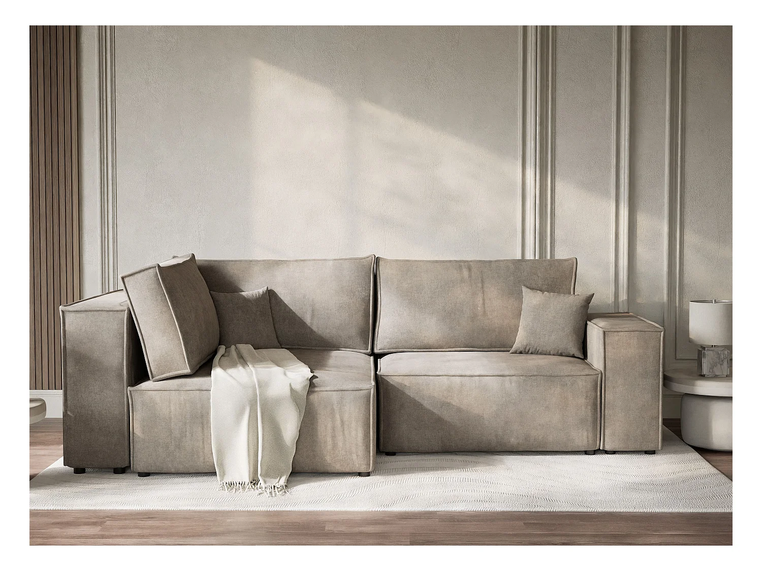 Canapé d'angle gauche avec fonction lit en tissu chenille taupe TONGA