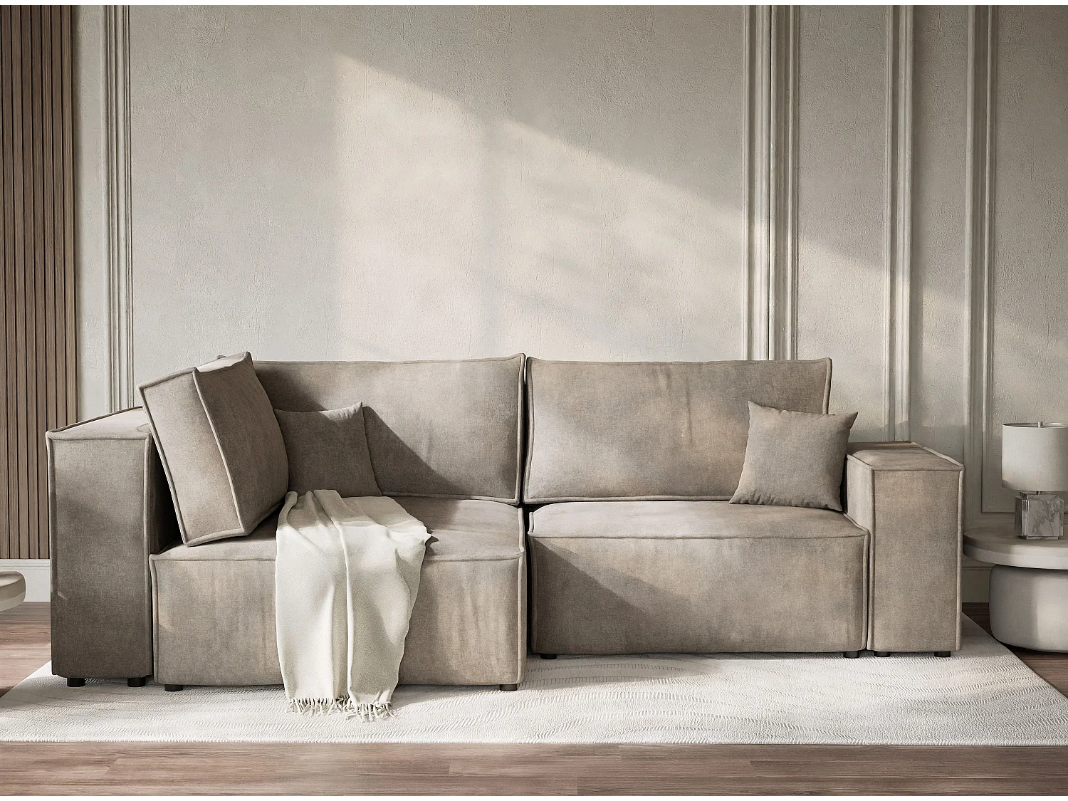 Canapé d'angle gauche avec fonction lit en tissu chenille taupe TONGA