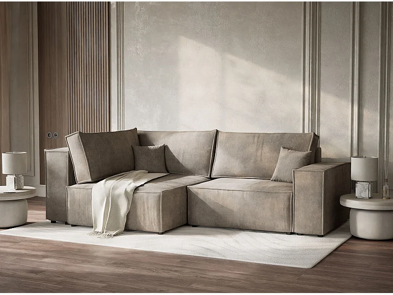 Canapé d'angle gauche avec fonction lit en tissu chenille taupe TONGA