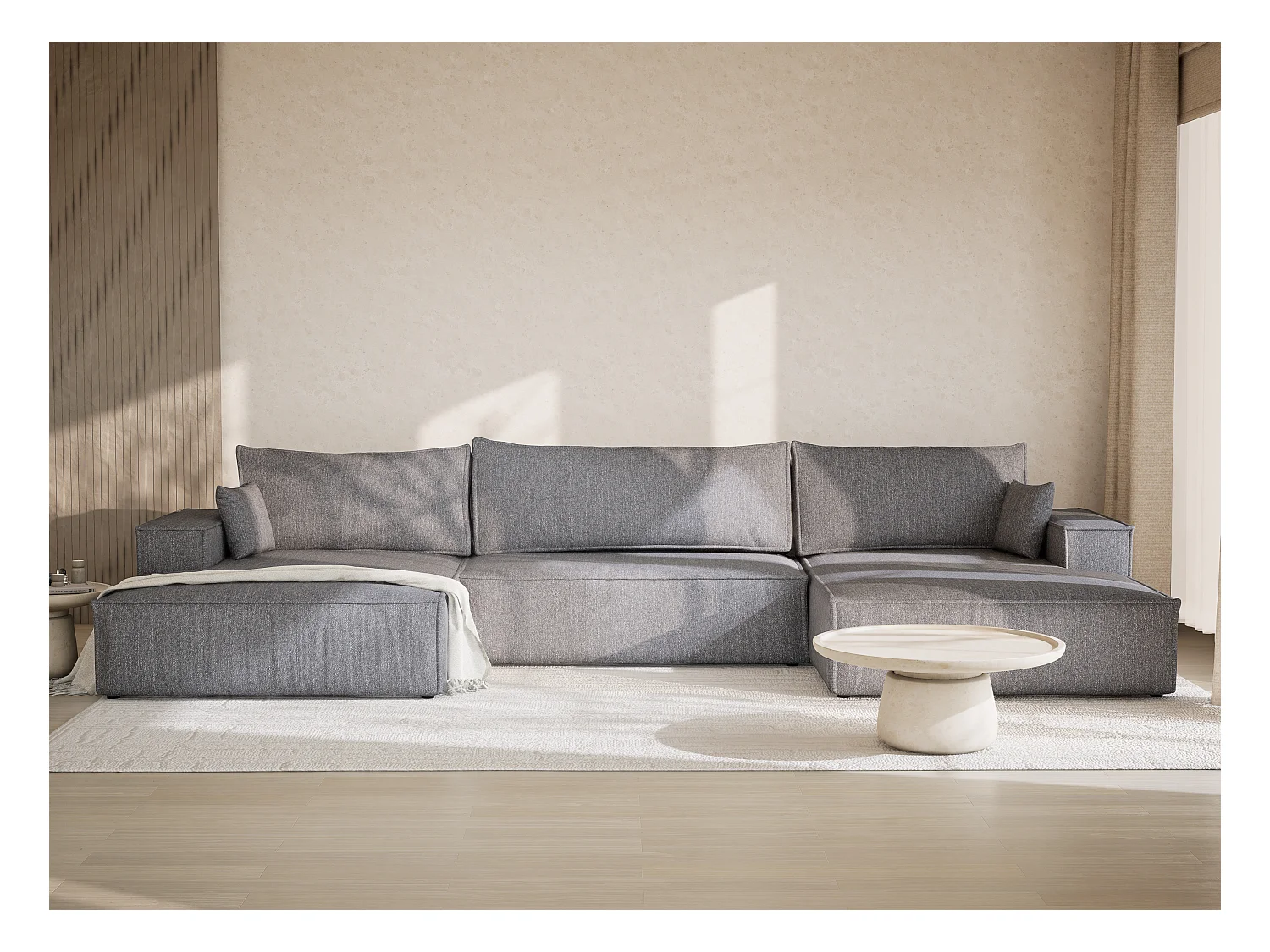 Canapé d'angle panoramique avec fonction lit en tissu tressé gris KYOTO