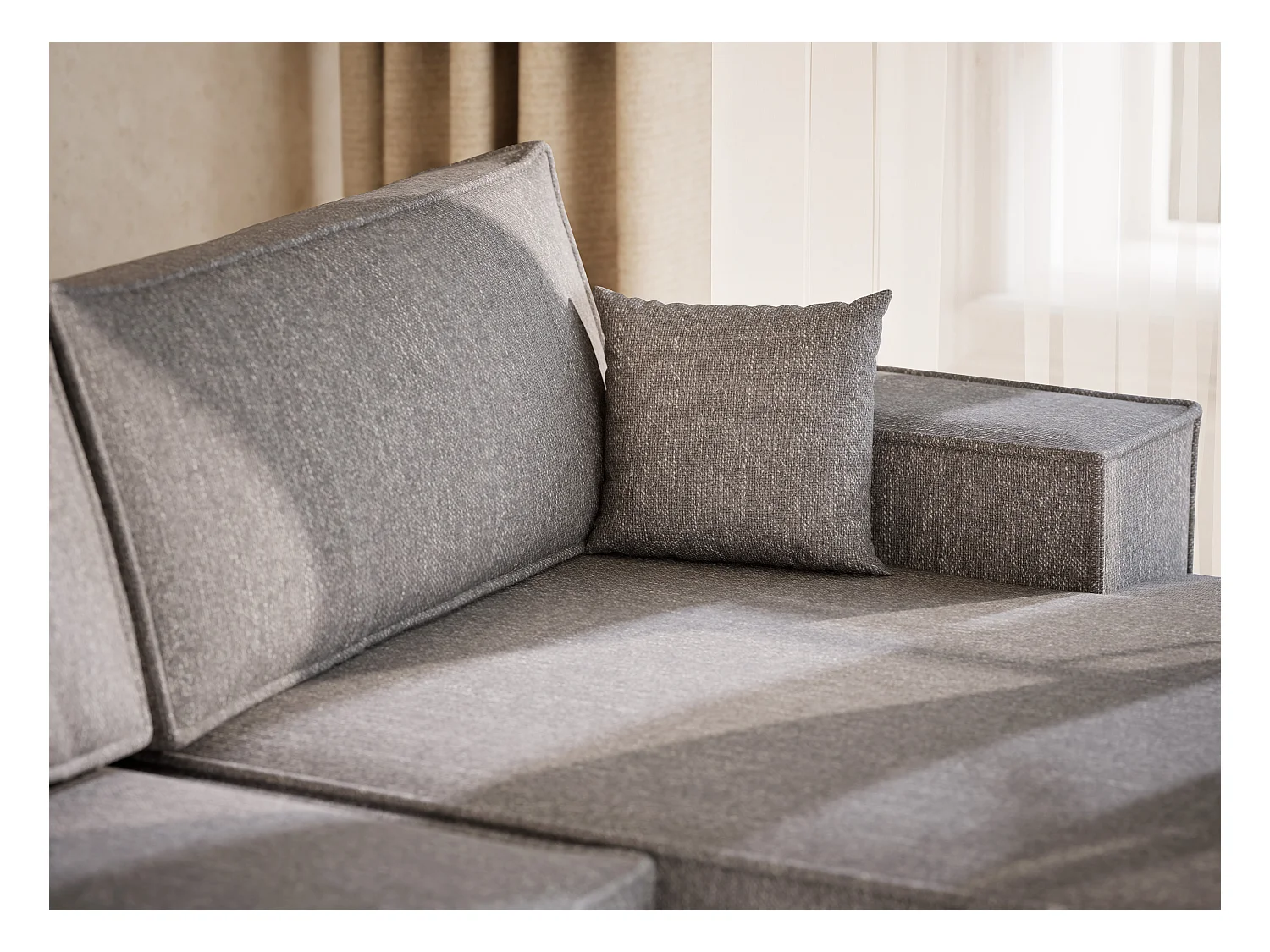 Canapé d'angle panoramique avec fonction lit en tissu tressé gris KYOTO