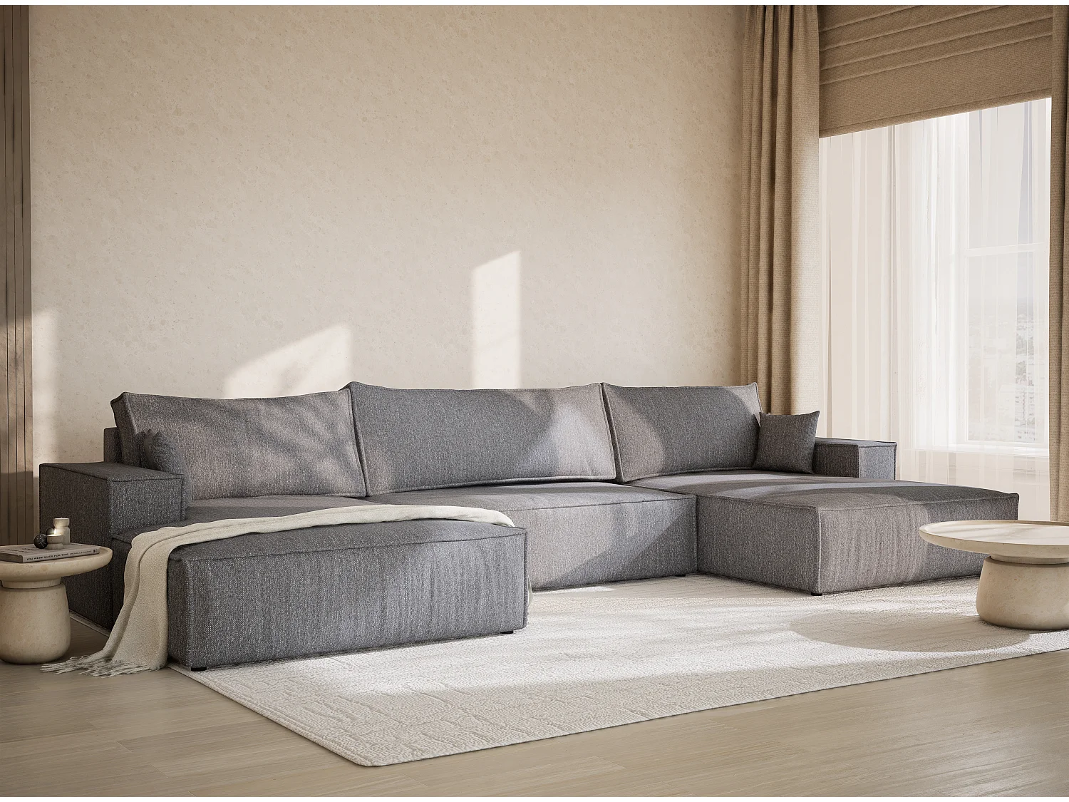 Canapé d'angle panoramique avec fonction lit en tissu tressé gris KYOTO