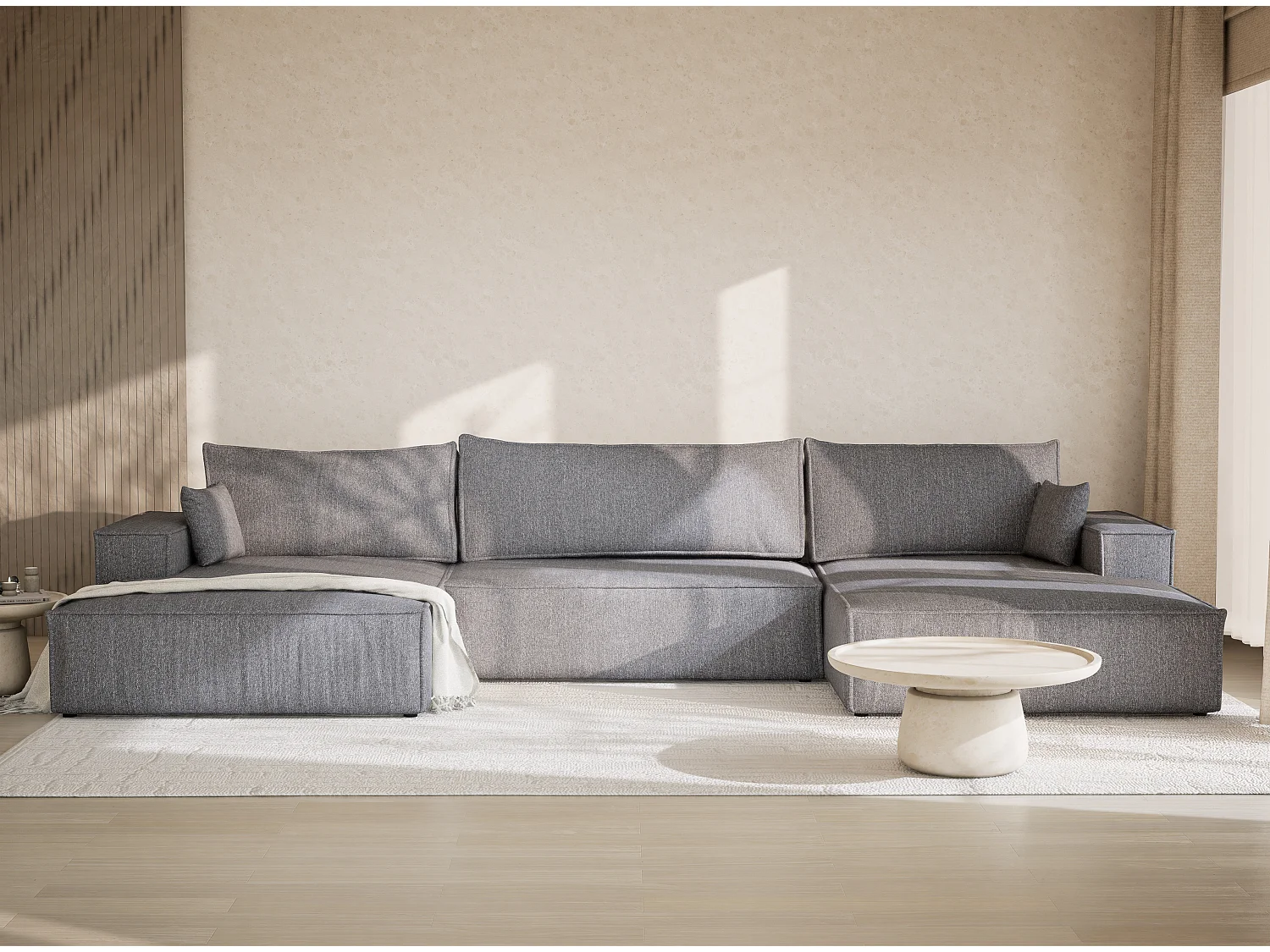 Canapé d'angle panoramique avec fonction lit en tissu tressé gris KYOTO