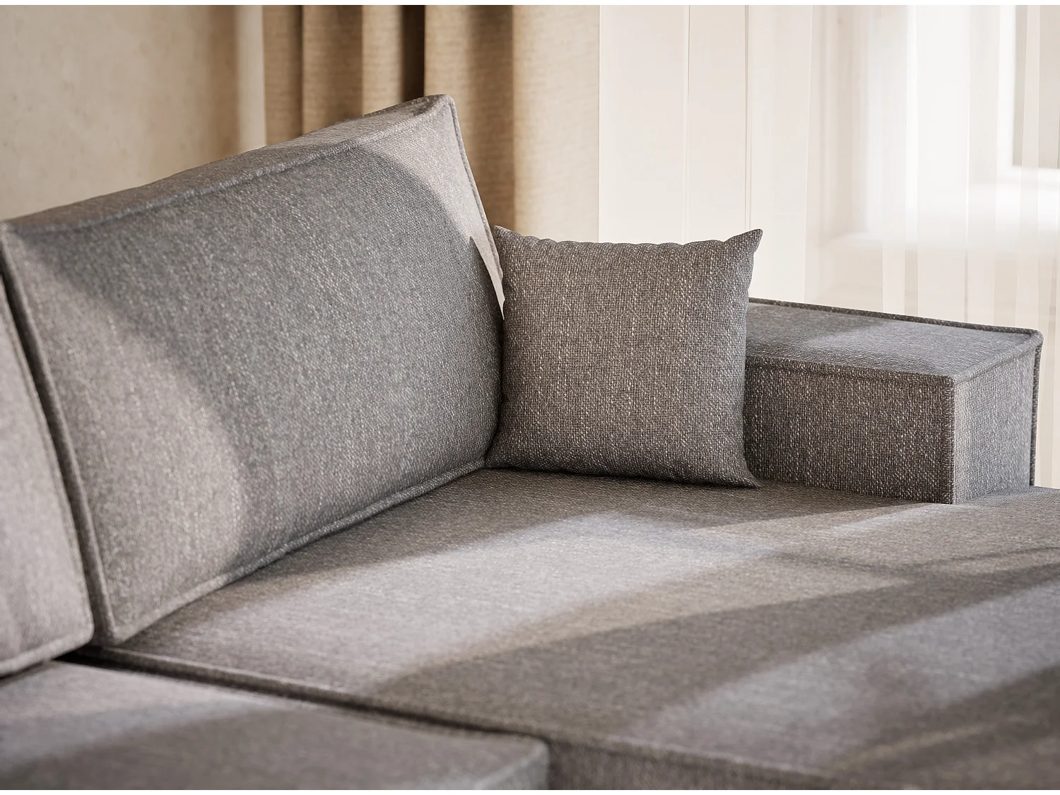 Canapé d'angle panoramique avec fonction lit en tissu tressé gris KYOTO