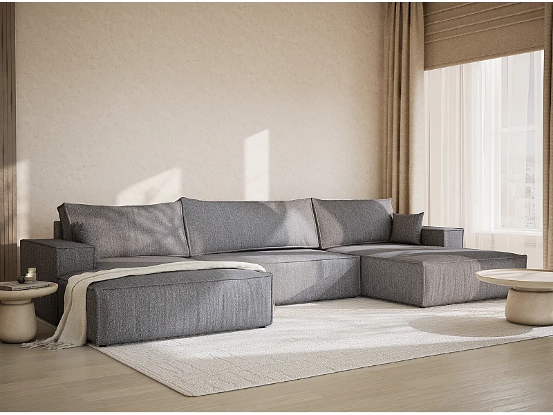 Canapé d'angle panoramique avec fonction lit en tissu tressé gris KYOTO