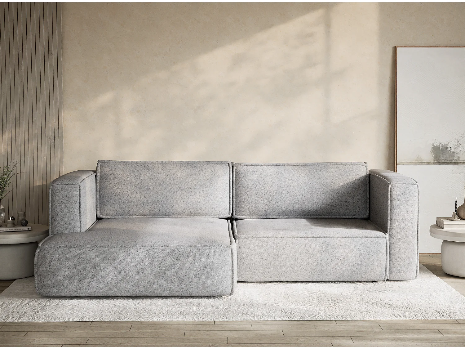 Canapé d'angle droit avec fonction lit en tissu tressé gris clair VELTO