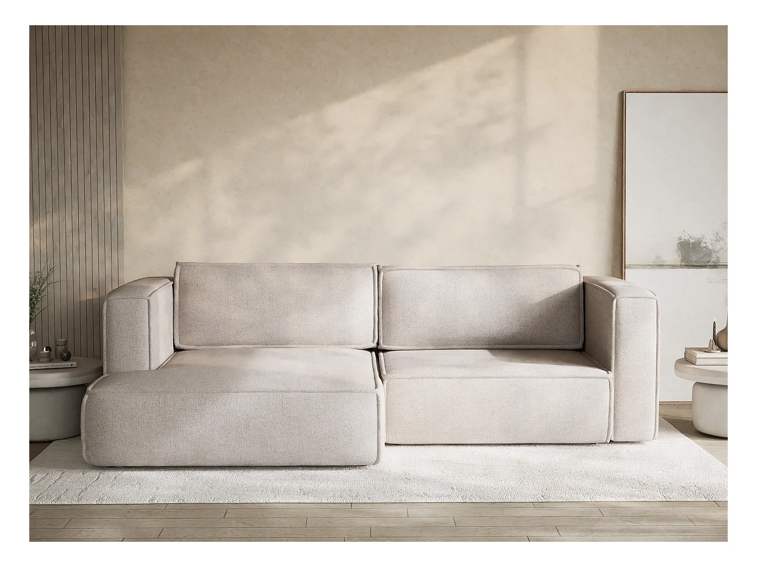 Canapé d'angle gauche avec fonction lit en tissu tressé beige VELTO