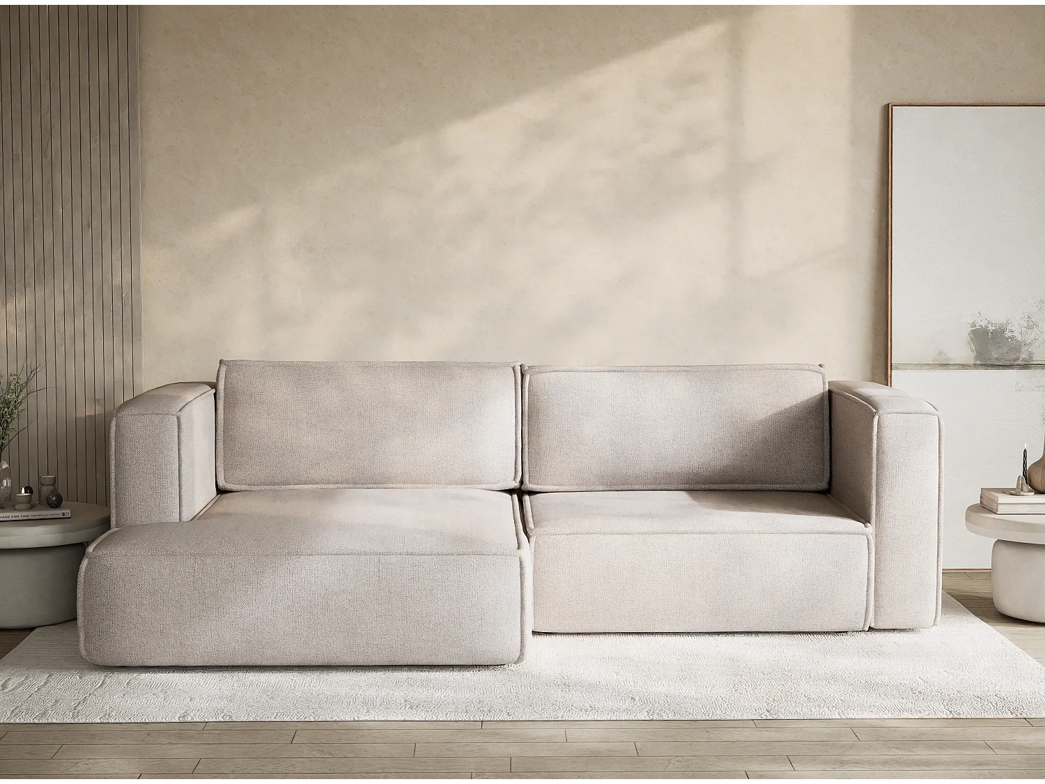 Canapé d'angle gauche avec fonction lit en tissu tressé beige VELTO