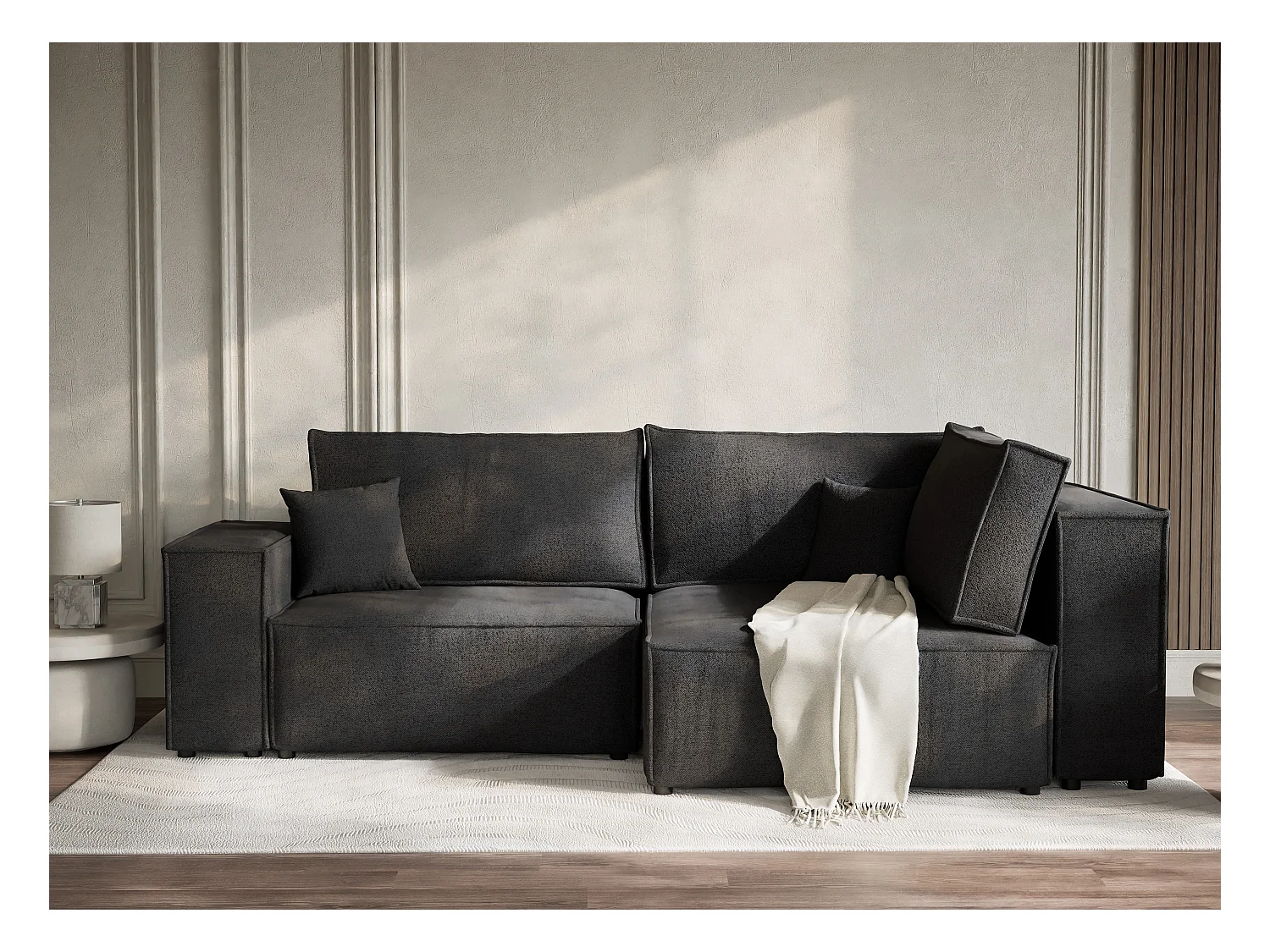 Canapé d'angle droit avec fonction lit en tissu tressé graphite TONGA