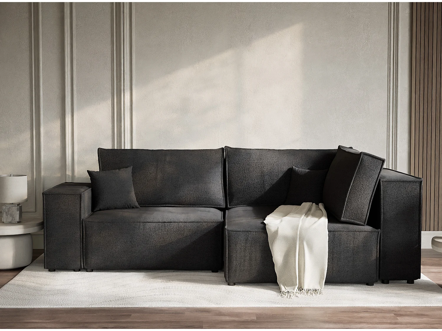 Canapé d'angle droit avec fonction lit en tissu tressé graphite TONGA