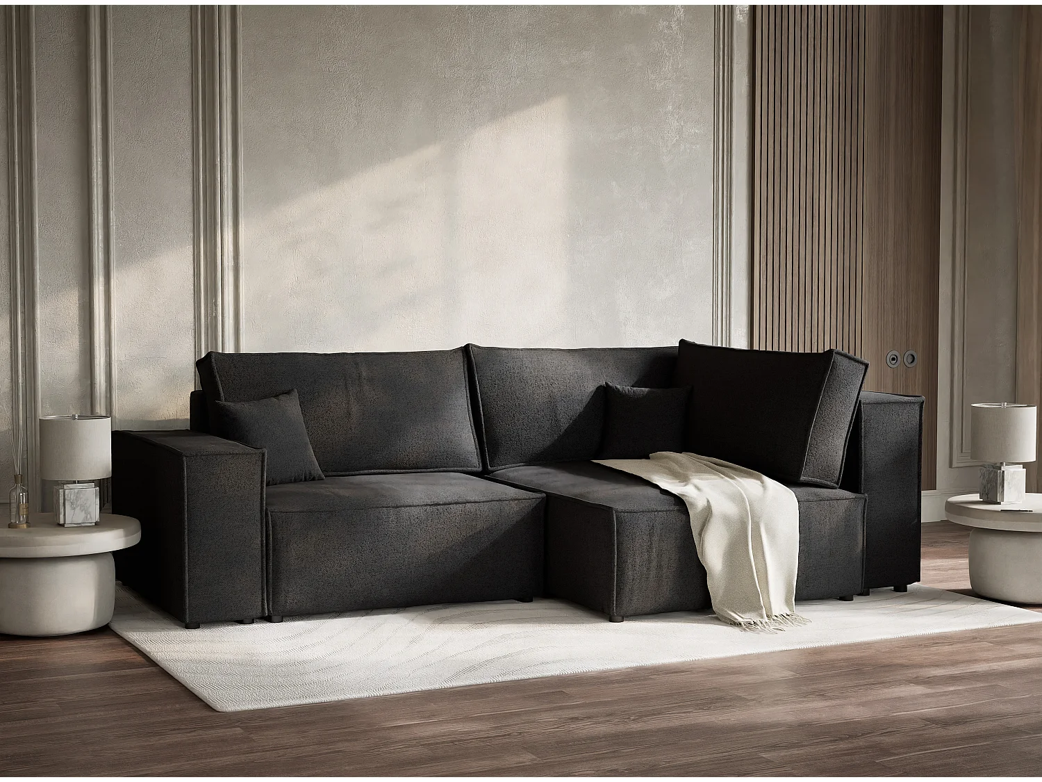 Canapé d'angle droit avec fonction lit en tissu tressé graphite TONGA
