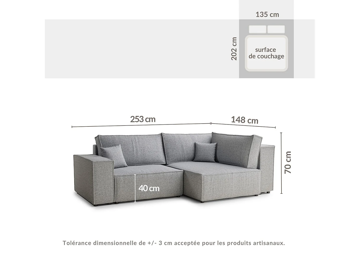 Canapé d'angle droit avec fonction lit en tissu tressé graphite TONGA