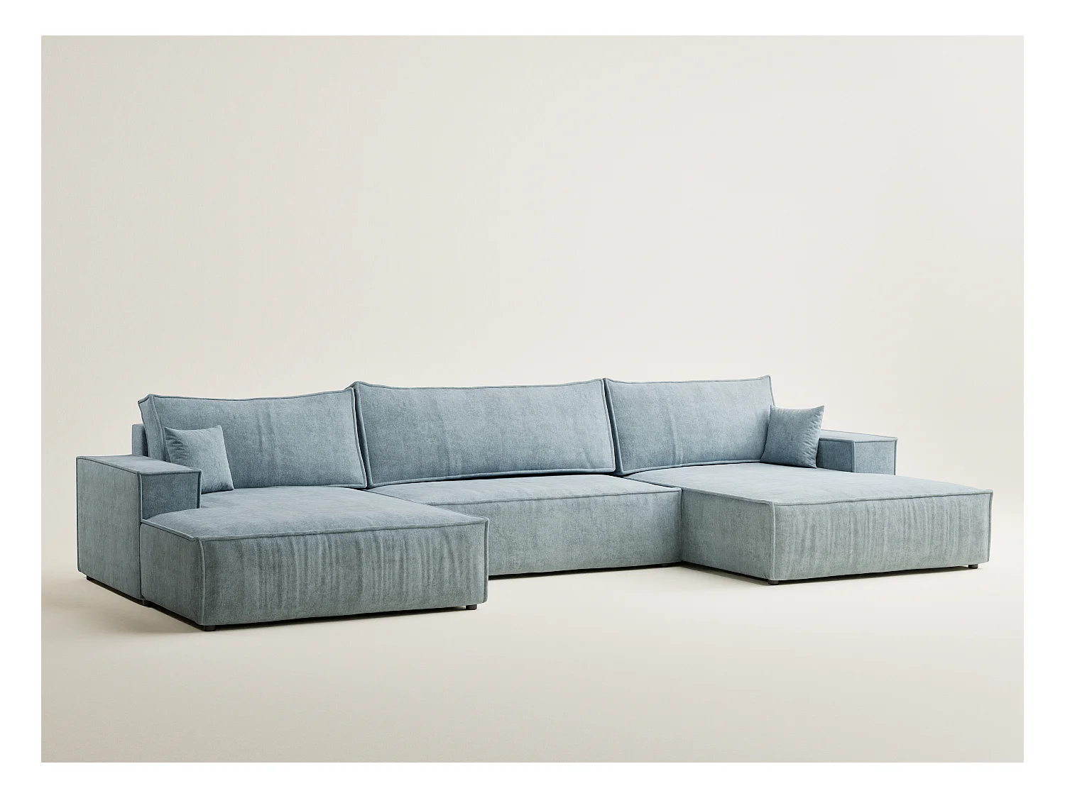 Canapé d'angle panoramique avec fonction lit en tissu chenille bleu clair KYOTO