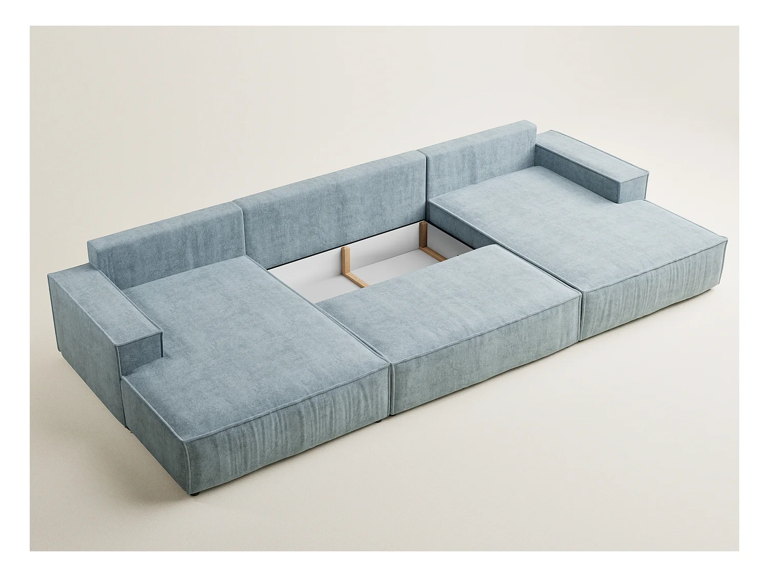 Canapé d'angle panoramique avec fonction lit en tissu chenille bleu clair KYOTO