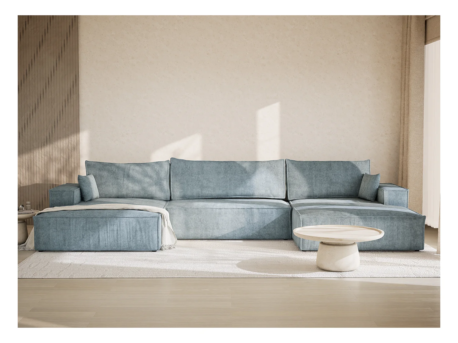 Canapé d'angle panoramique avec fonction lit en tissu chenille bleu clair KYOTO