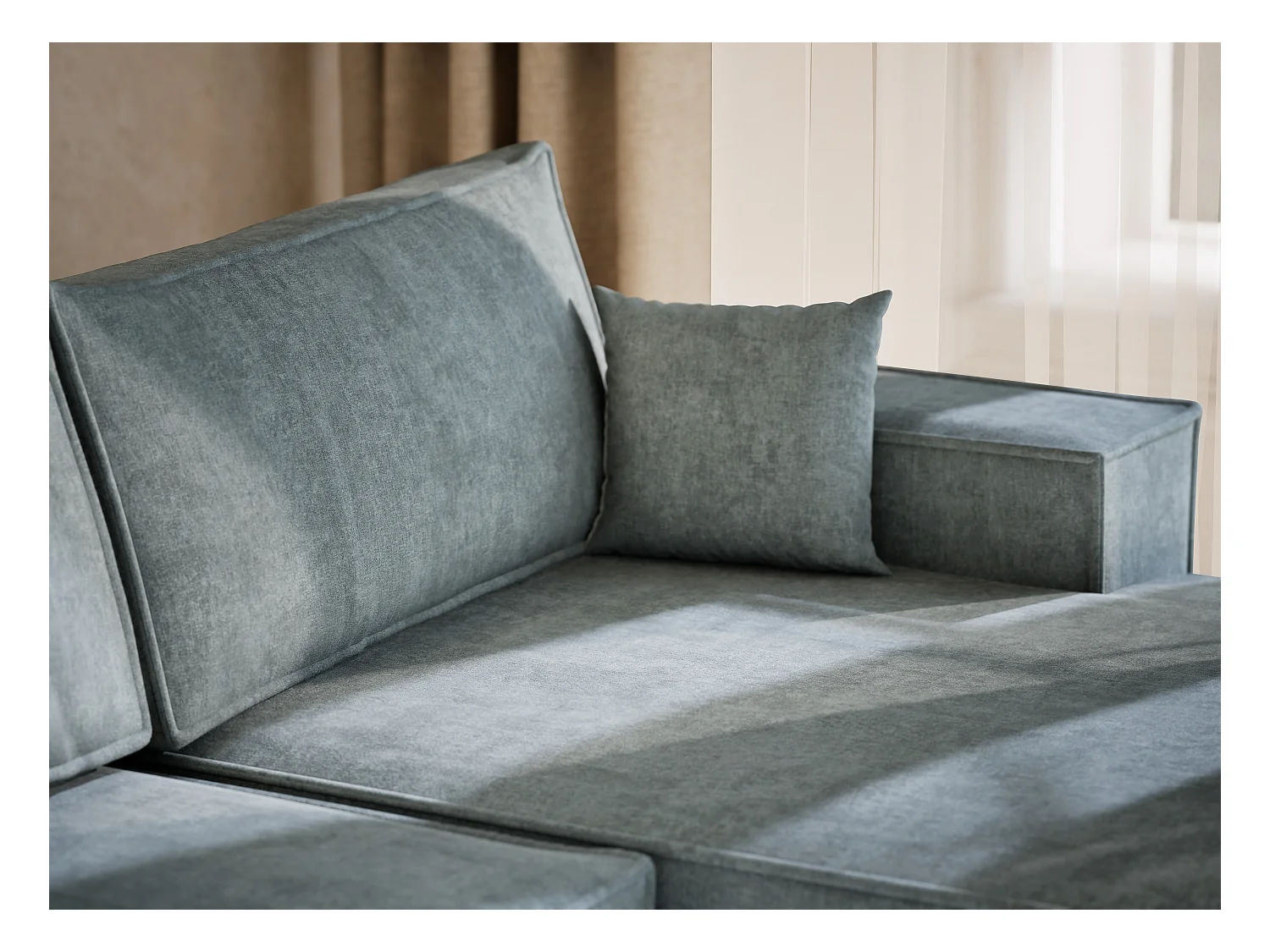 Canapé d'angle panoramique avec fonction lit en tissu chenille bleu clair KYOTO