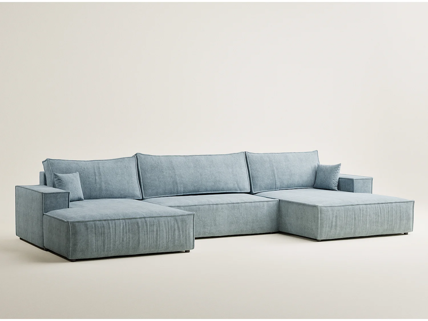 Canapé d'angle panoramique avec fonction lit en tissu chenille bleu clair KYOTO
