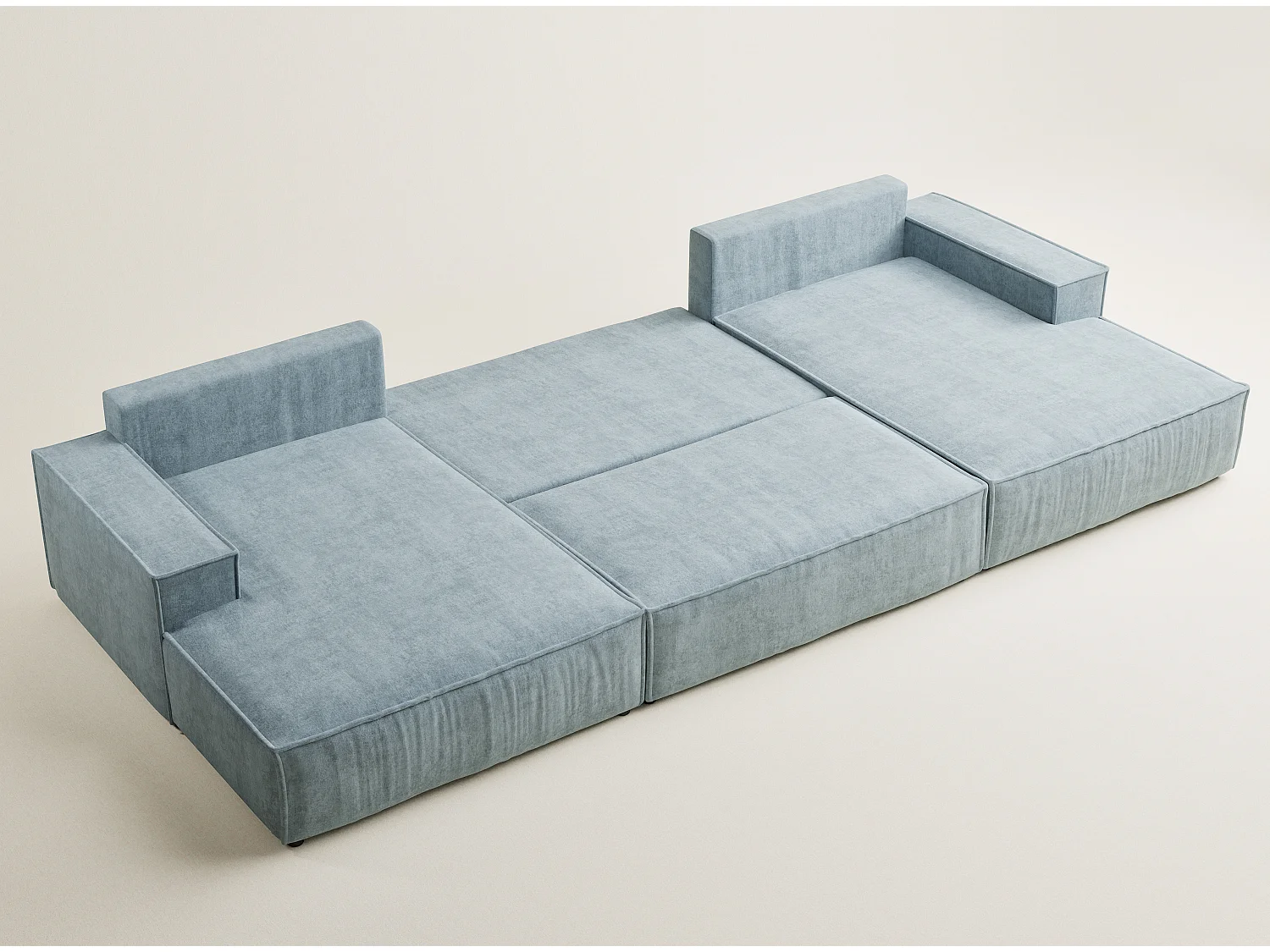 Canapé d'angle panoramique avec fonction lit en tissu chenille bleu clair KYOTO