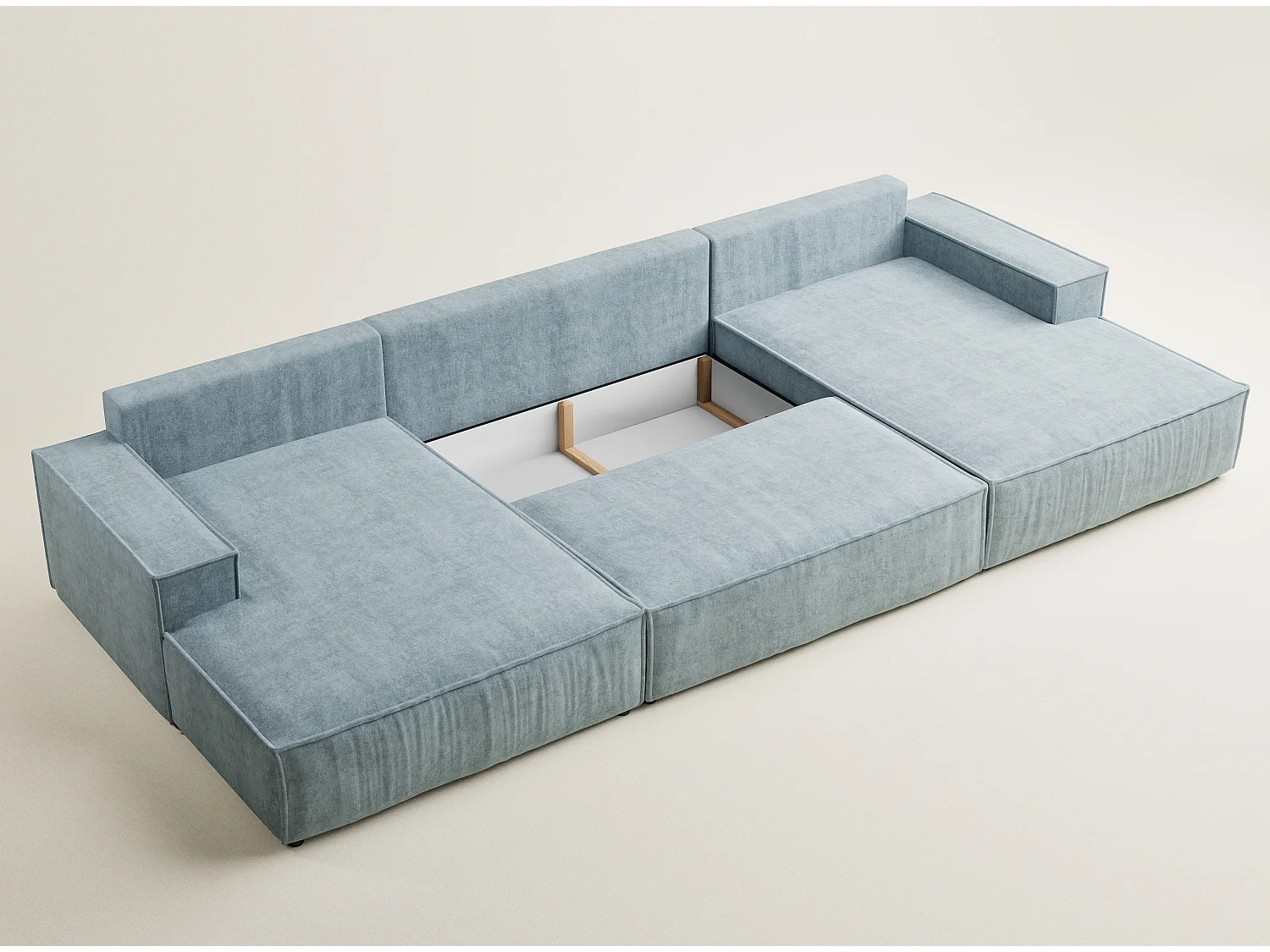 Canapé d'angle panoramique avec fonction lit en tissu chenille bleu clair KYOTO