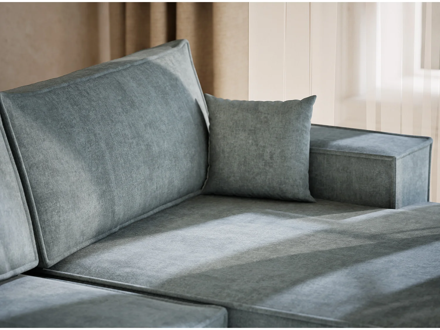 Canapé d'angle panoramique avec fonction lit en tissu chenille bleu clair KYOTO