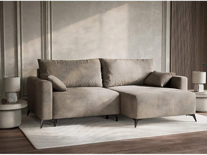 Canapé d'angle droit avec fonction lit en tissu chenille taupe LEON