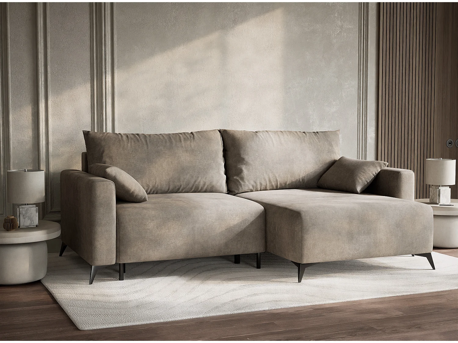 Canapé d'angle droit avec fonction lit en tissu chenille taupe LEON