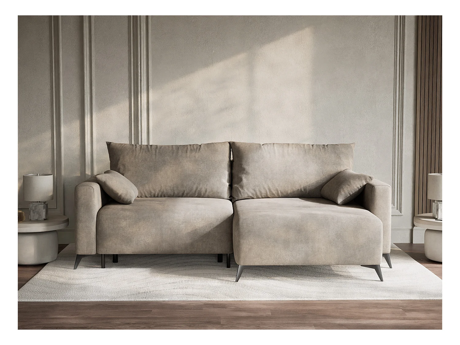 Canapé d'angle droit avec fonction lit en tissu chenille taupe LEON