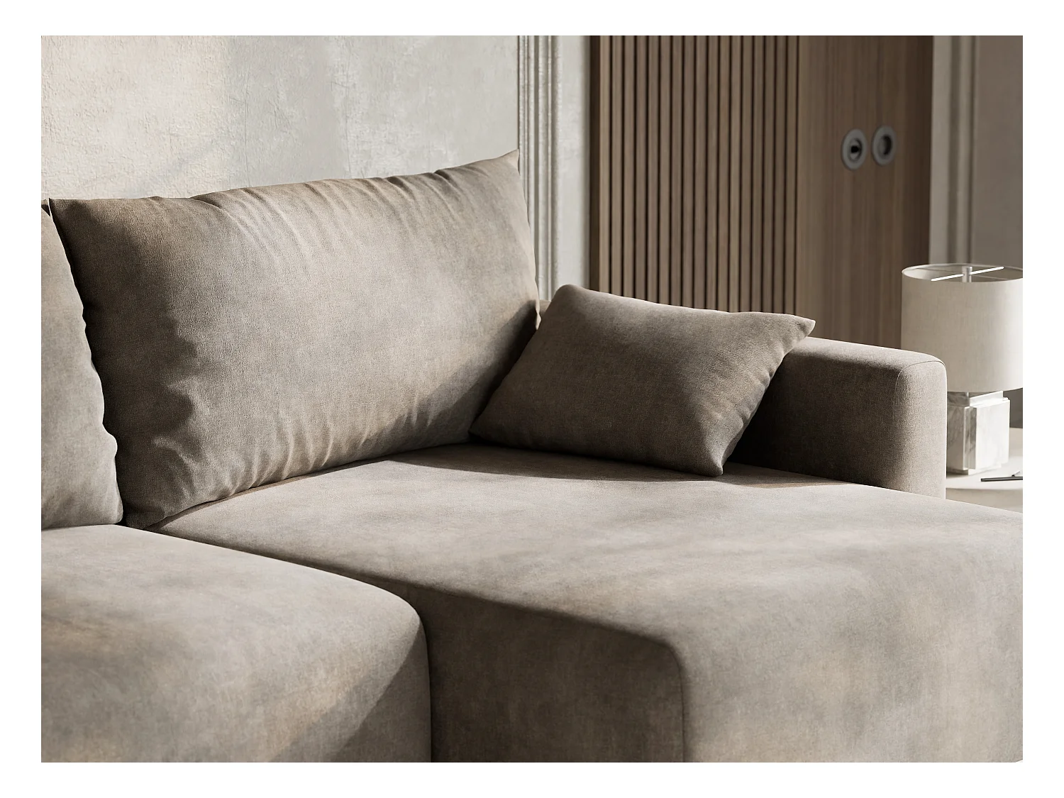 Canapé d'angle droit avec fonction lit en tissu chenille taupe LEON