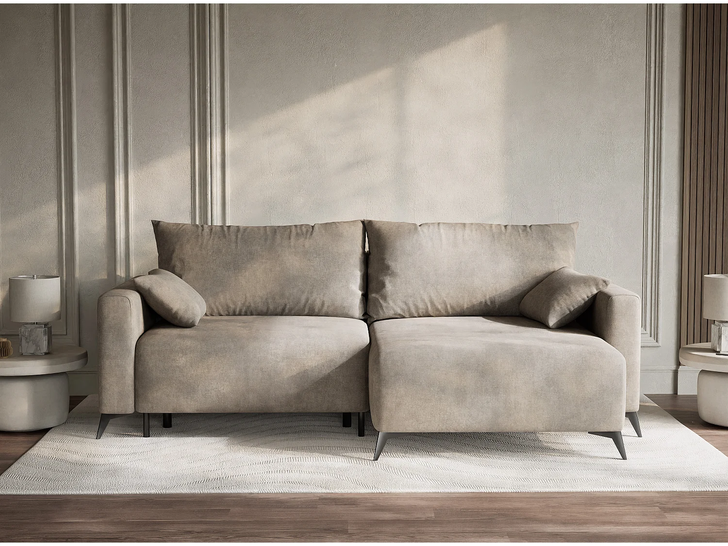 Canapé d'angle droit avec fonction lit en tissu chenille taupe LEON