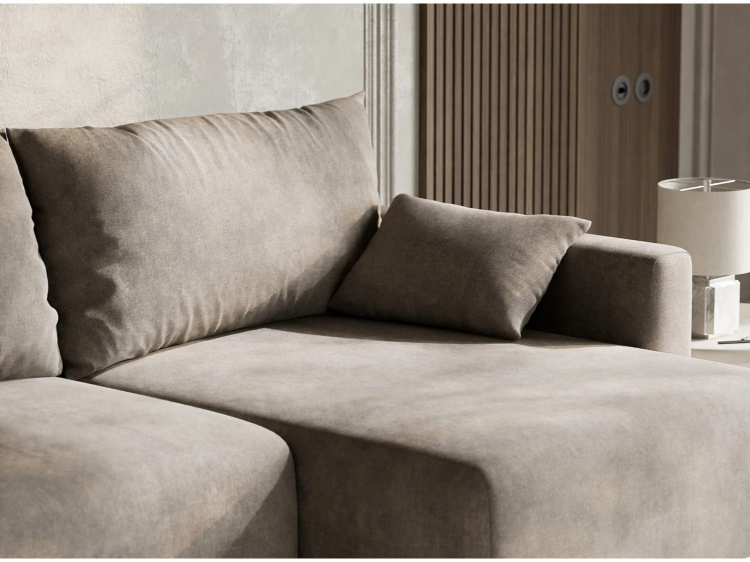 Canapé d'angle droit avec fonction lit en tissu chenille taupe LEON