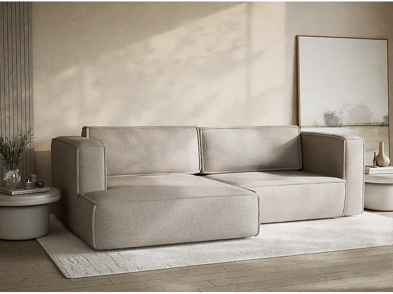 Canapé d'angle gauche avec fonction lit en tissu tressé beige foncé VELTO