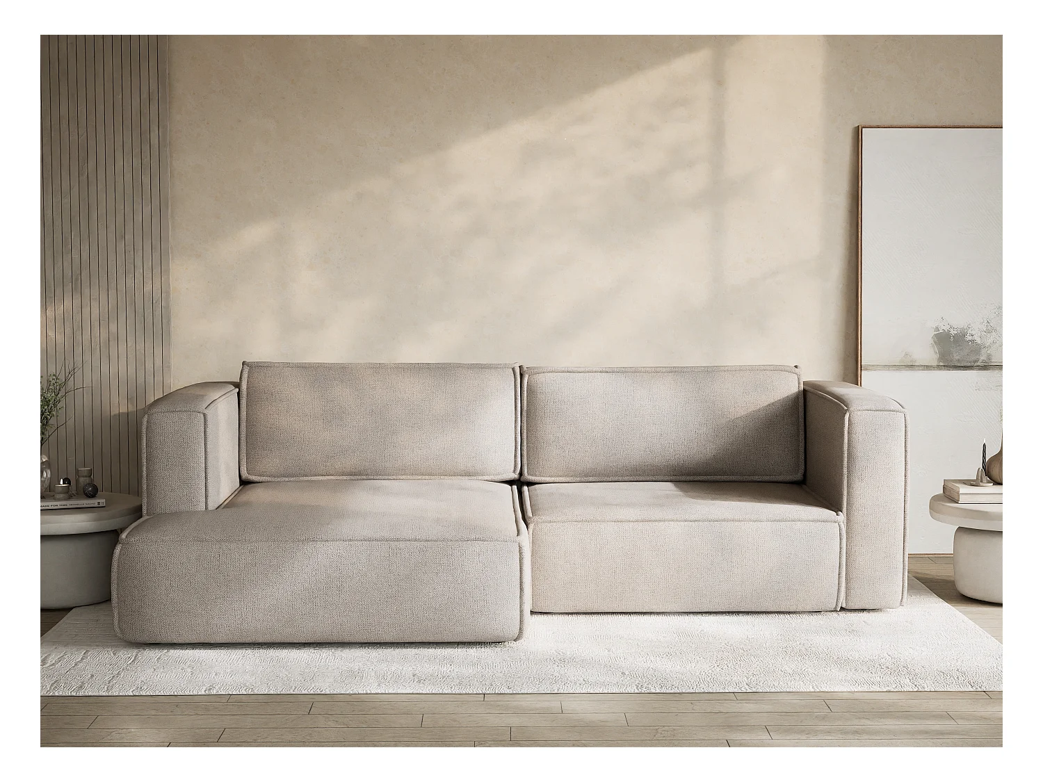 Canapé d'angle gauche avec fonction lit en tissu tressé beige foncé VELTO