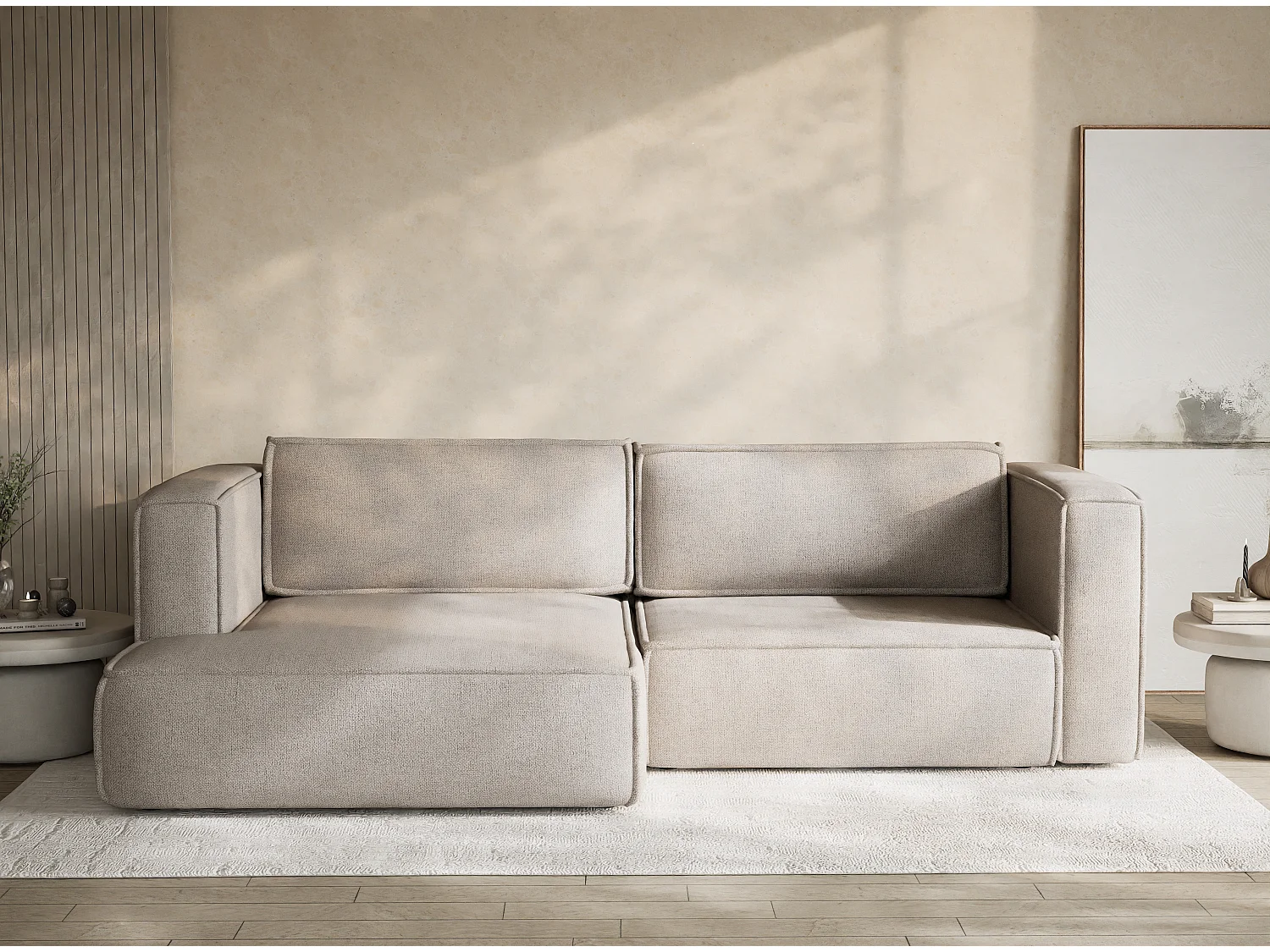 Canapé d'angle gauche avec fonction lit en tissu tressé beige foncé VELTO