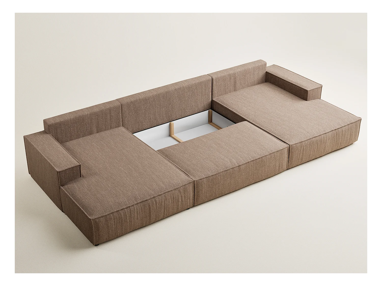 Canapé d'angle panoramique avec fonction lit en tissu tressé brun KYOTO