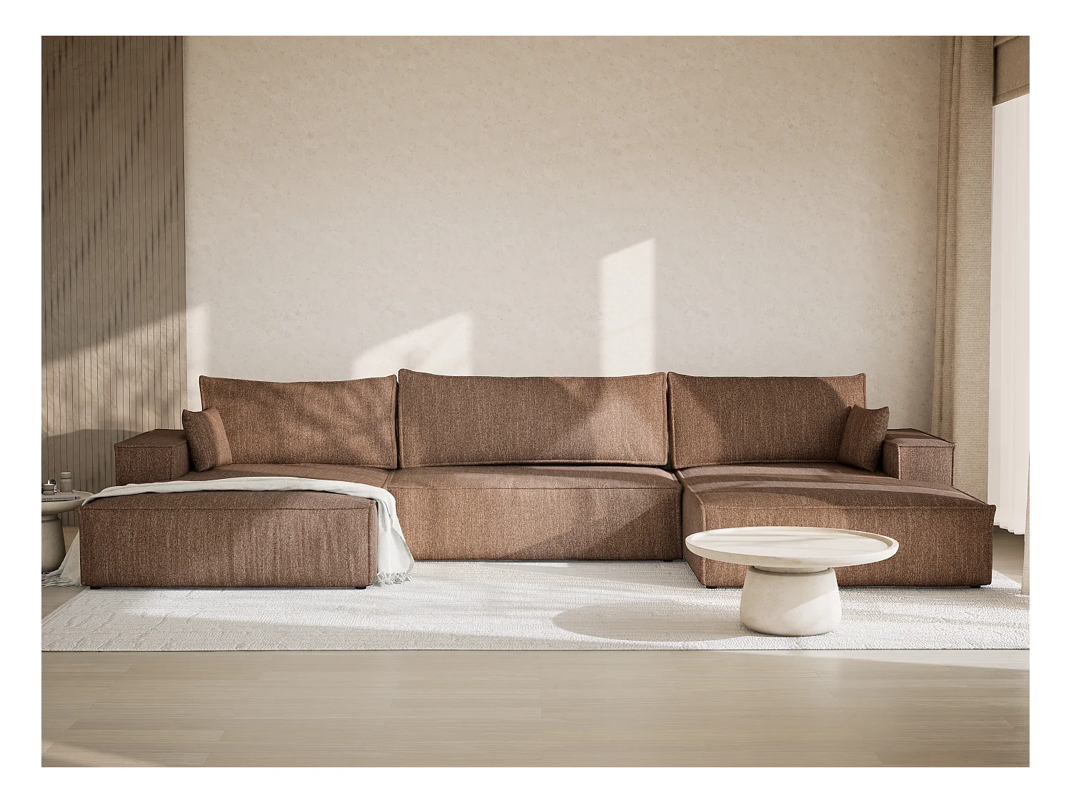 Canapé d'angle panoramique avec fonction lit en tissu tressé brun KYOTO