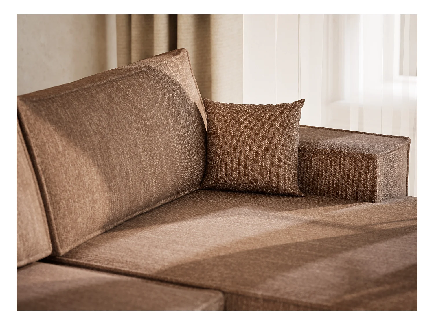 Canapé d'angle panoramique avec fonction lit en tissu tressé brun KYOTO