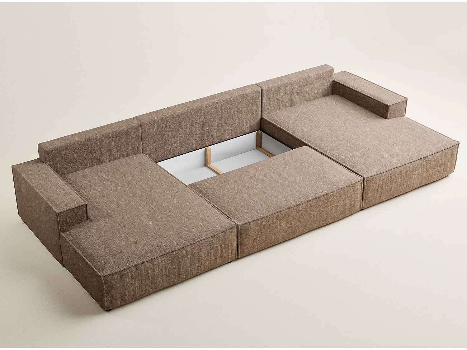 Canapé d'angle panoramique avec fonction lit en tissu tressé brun KYOTO