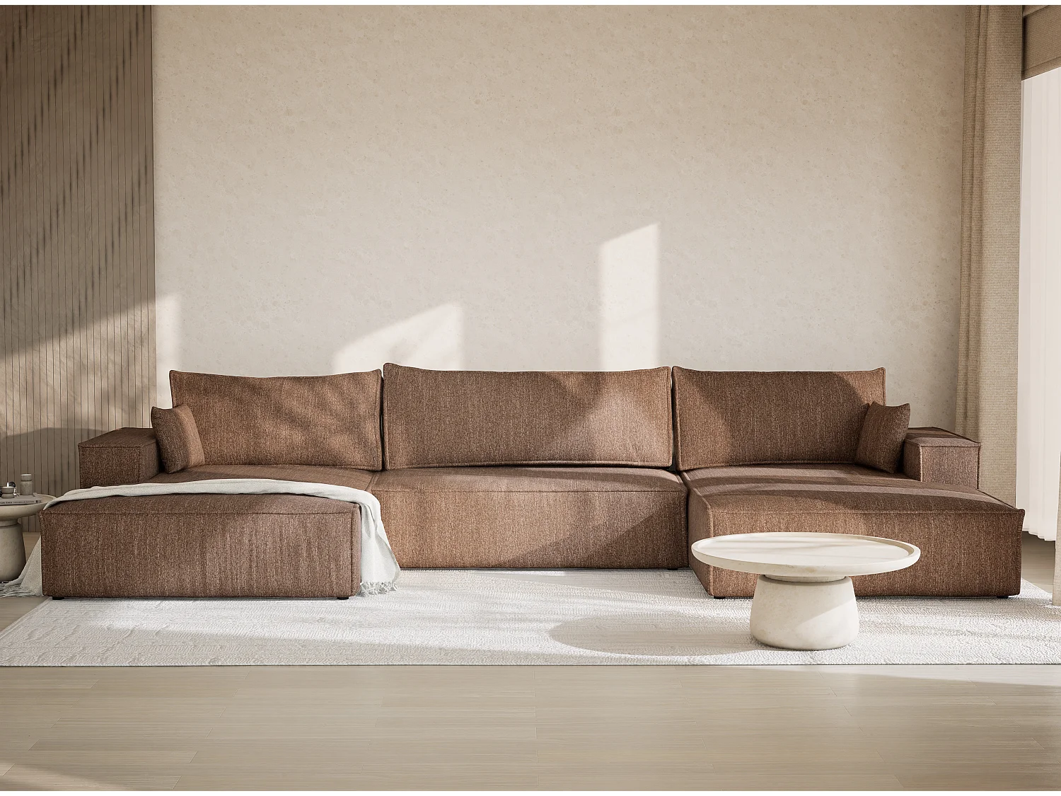 Canapé d'angle panoramique avec fonction lit en tissu tressé brun KYOTO