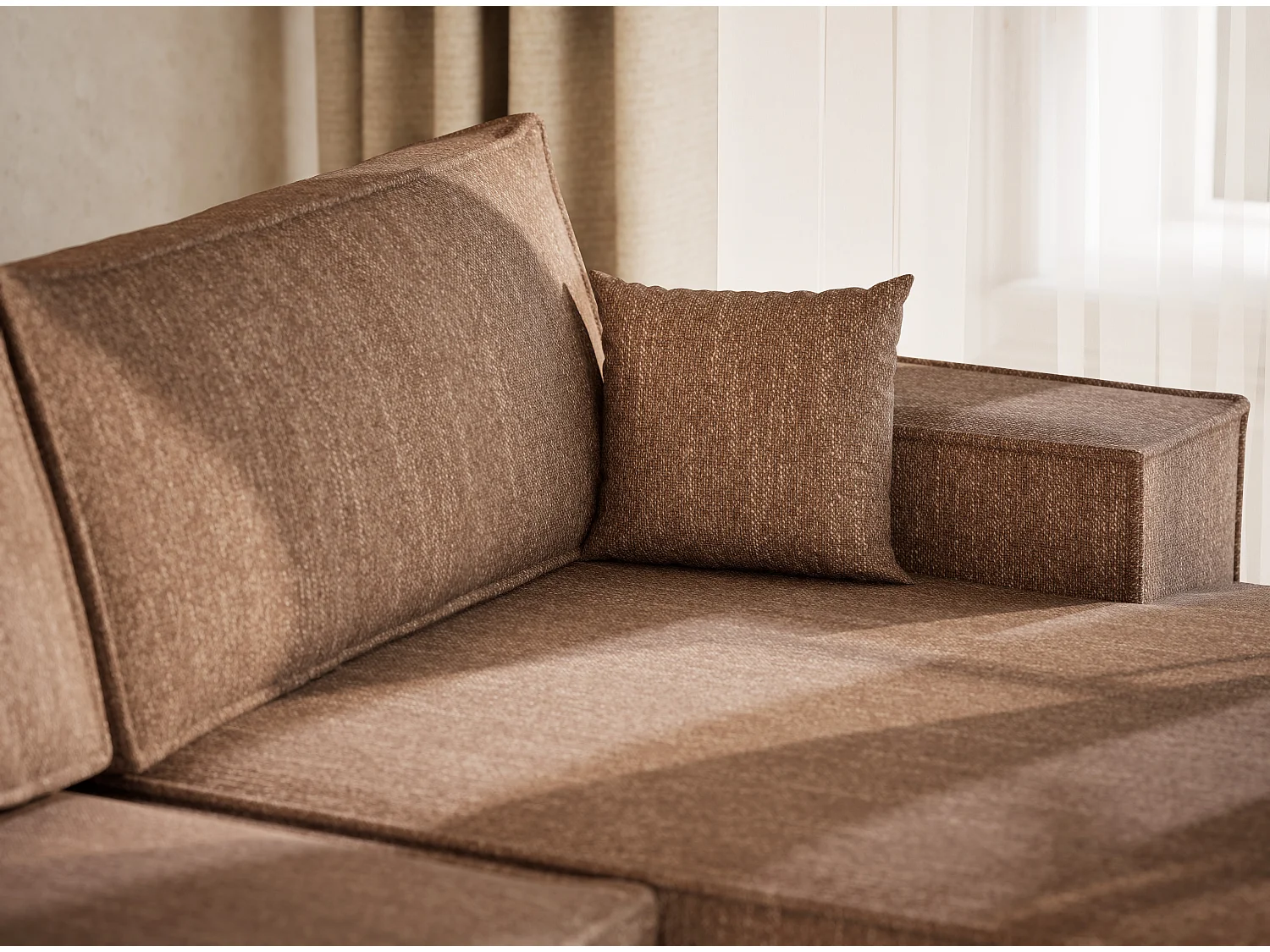 Canapé d'angle panoramique avec fonction lit en tissu tressé brun KYOTO