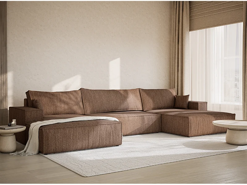 Sofa panoramiczna rozkładana wieloosobowa w tkaninie plecionej brązowa KYOTO