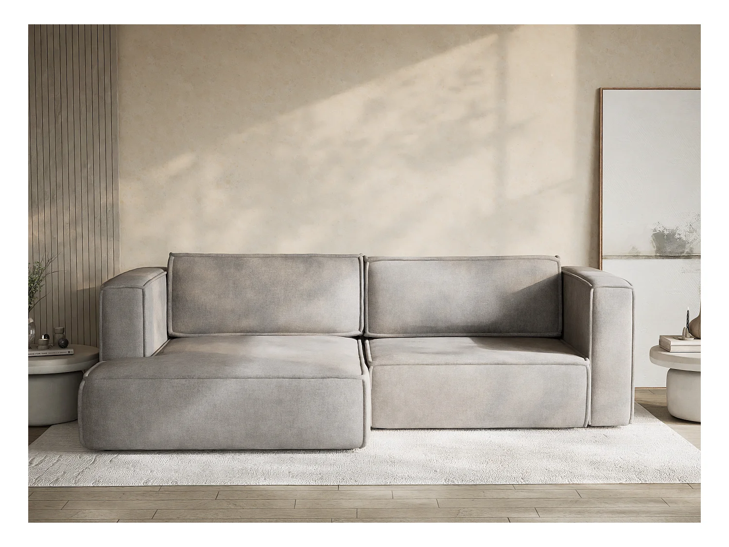 Canapé d'angle gauche avec fonction lit en tissu chenille beige gris VELTO