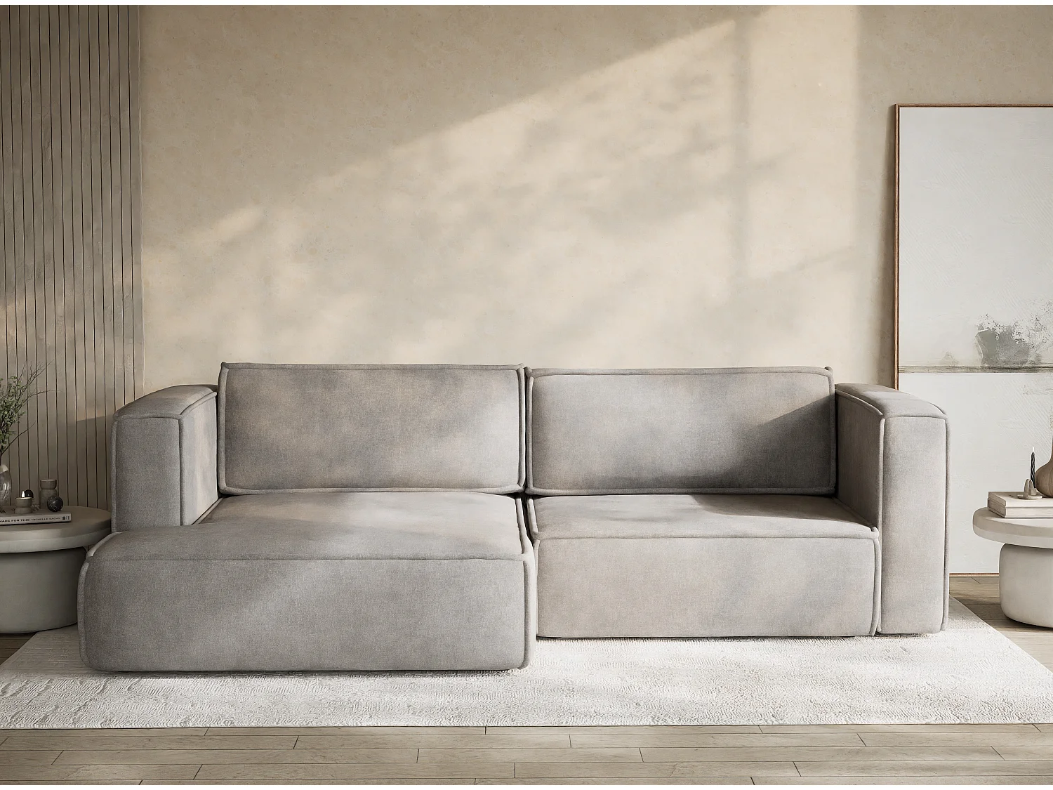 Canapé d'angle gauche avec fonction lit en tissu chenille beige gris VELTO