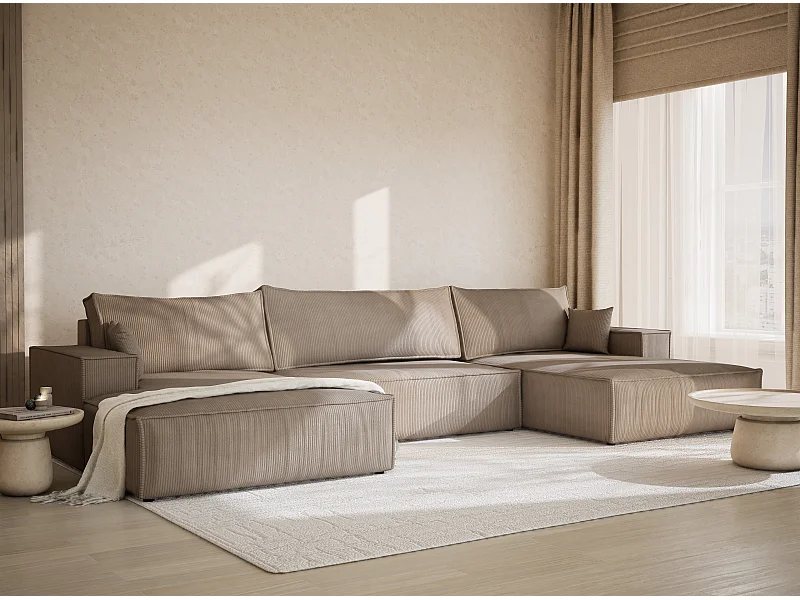 Canapé d'angle panoramique avec fonction lit en velours beige foncé KYOTO