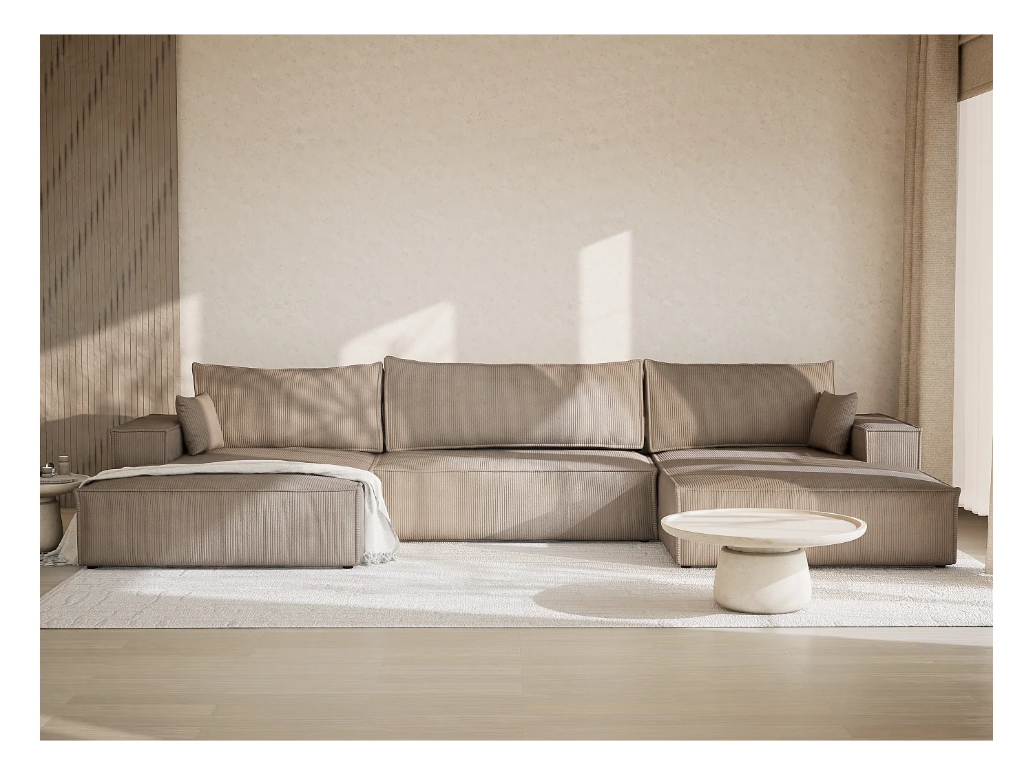 Canapé d'angle panoramique avec fonction lit en velours beige foncé KYOTO