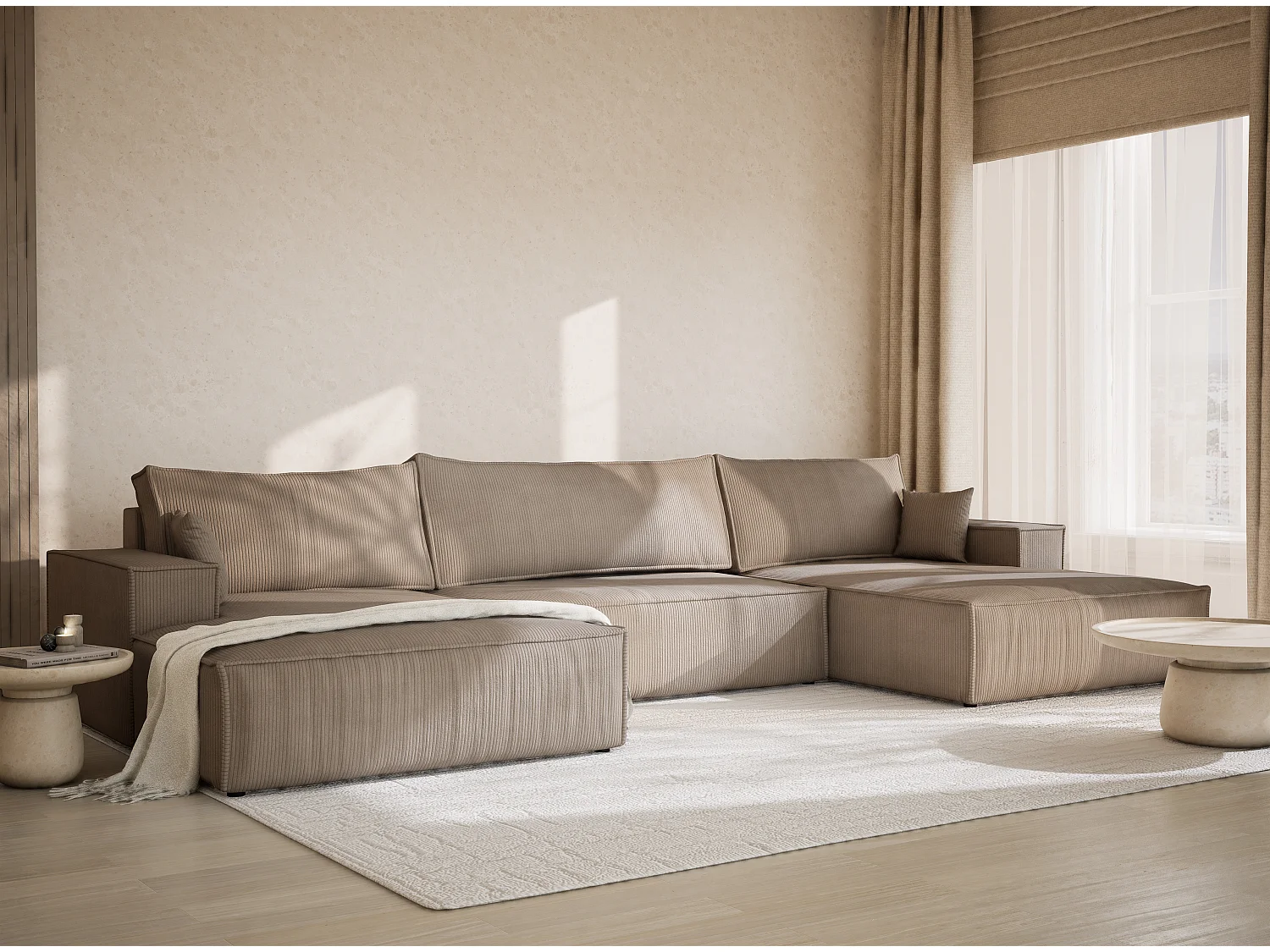 Panoramische hoekbank met slaapfunctie in fluweel donkerbeige KYOTO