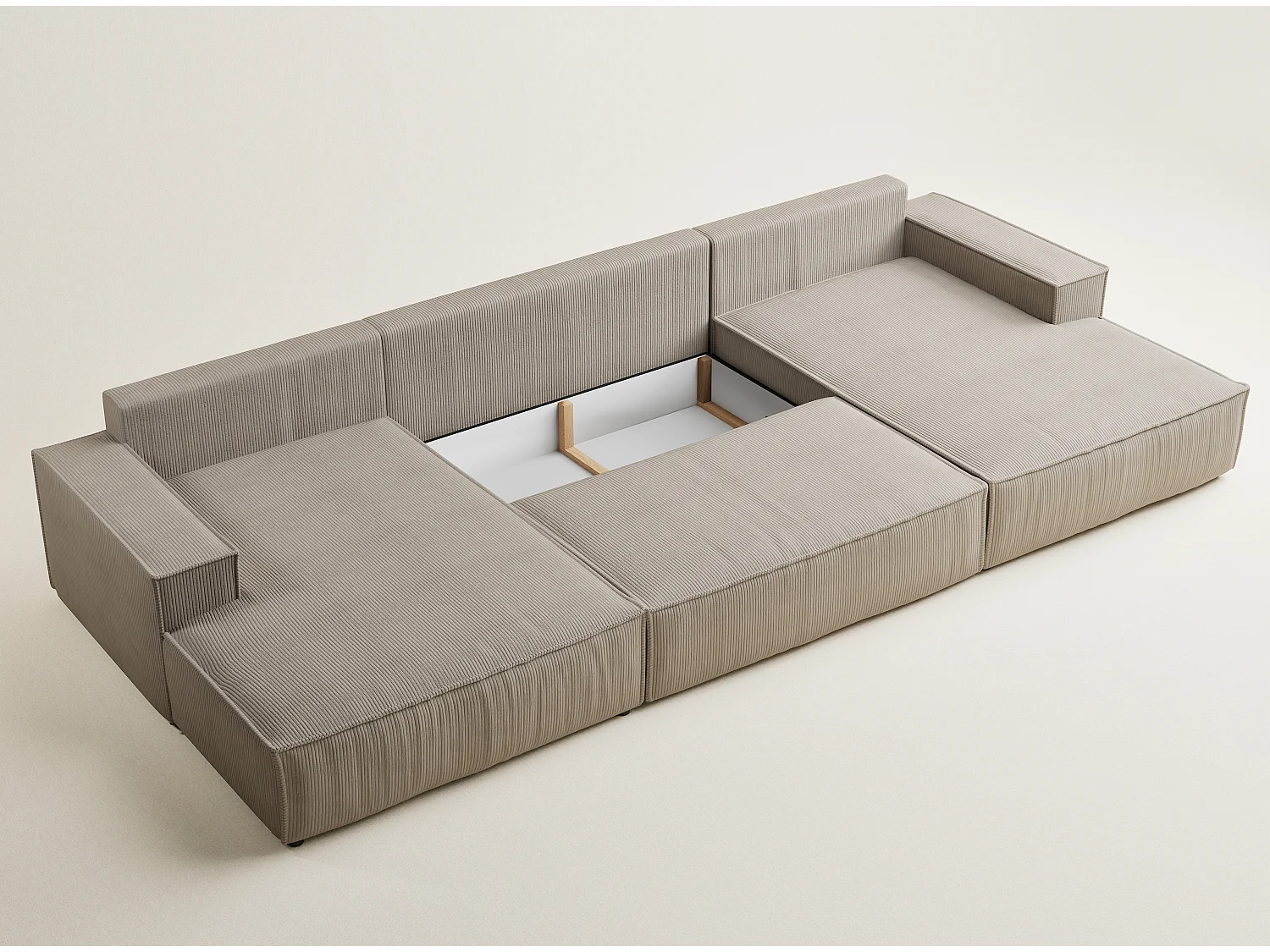 Panoramische hoekbank met slaapfunctie in fluweel donkerbeige KYOTO