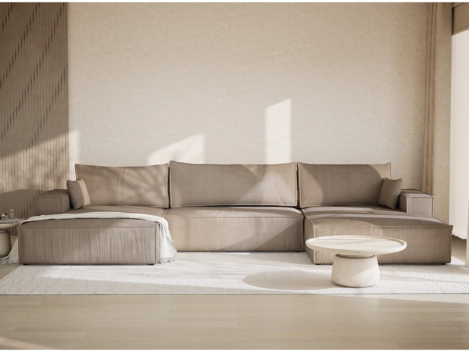 Panoramische hoekbank met slaapfunctie in fluweel donkerbeige KYOTO