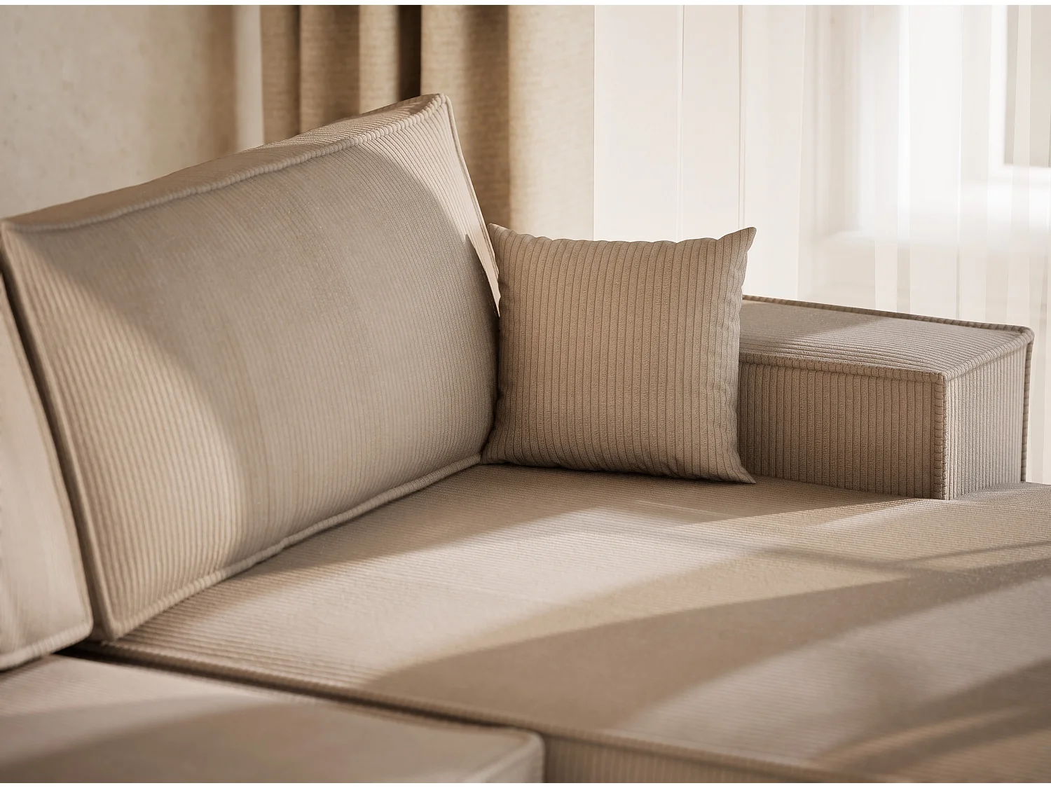 Panoramische hoekbank met slaapfunctie in fluweel donkerbeige KYOTO