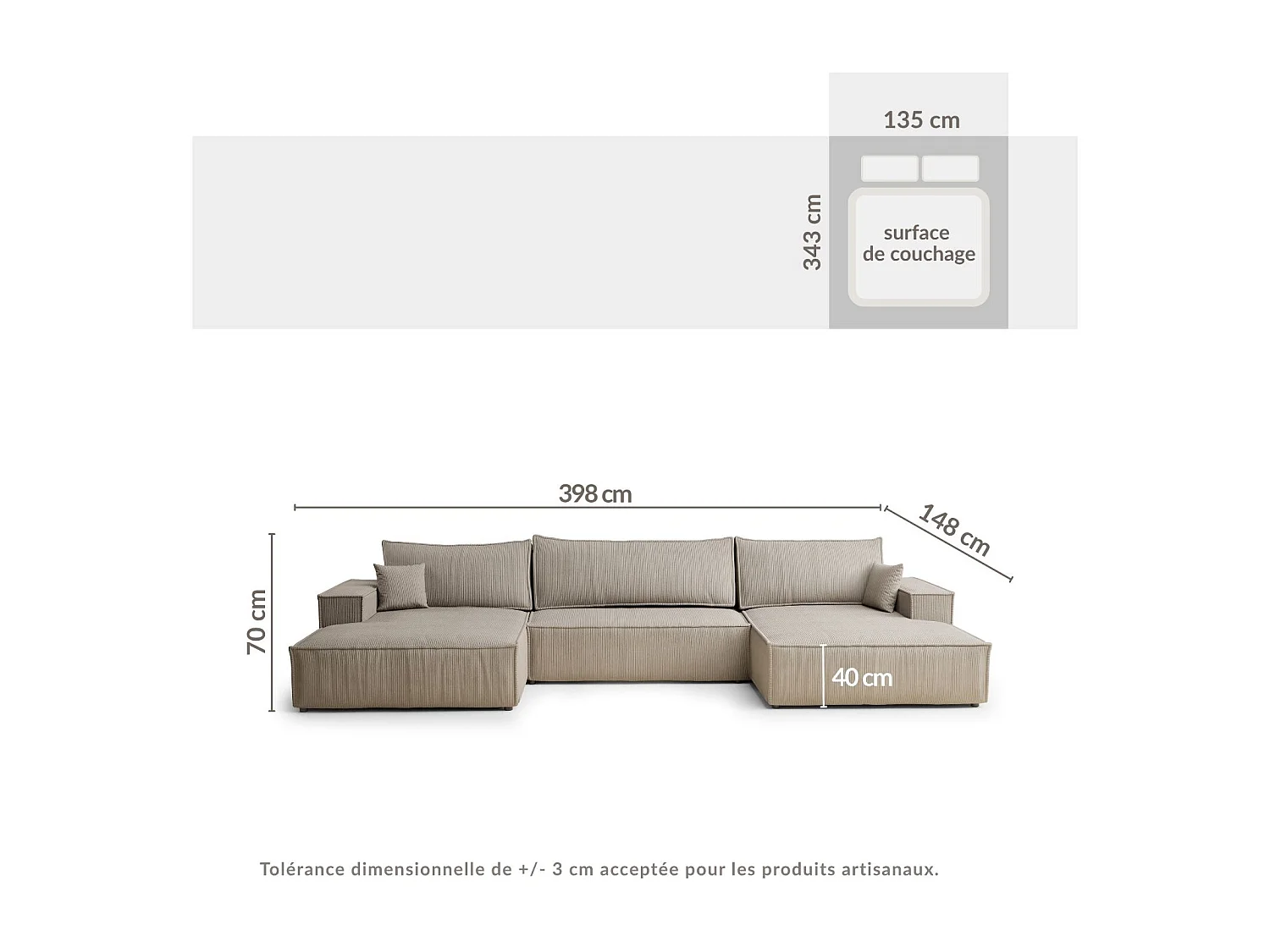 Panoramische hoekbank met slaapfunctie in fluweel donkerbeige KYOTO